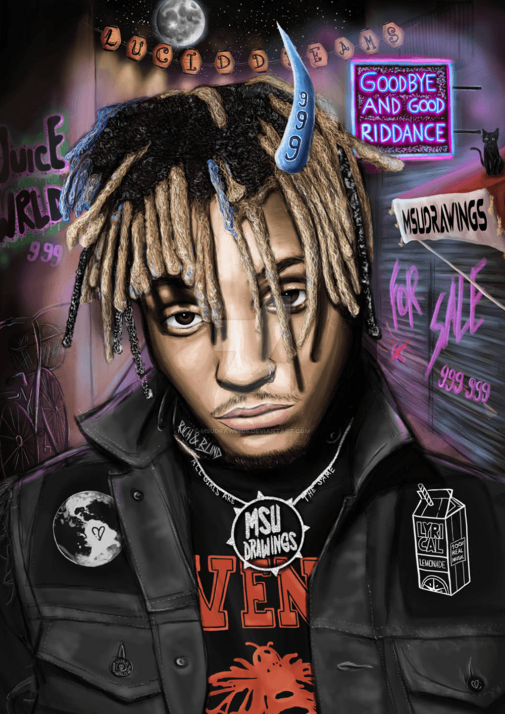 Juice Wrld 999 魔鬼角美學海報 壁紙 — 一個風格化的數碼肖像，描繪一名留著辮子、頭上有藍色角的男子，背景是佈滿塗鴉的牆壁和霓虹燈牌。