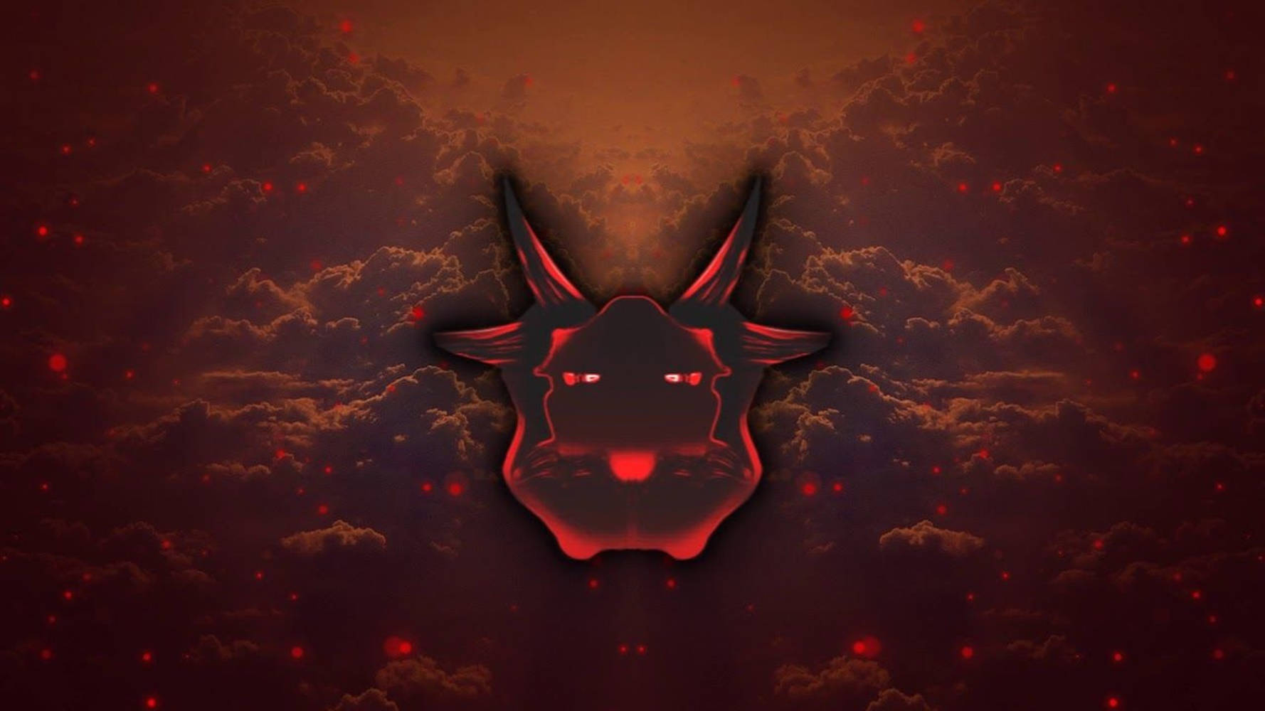 一個發光的紅色惡魔公牛頭，帶有角，映襯著黑暗多雲的天空。