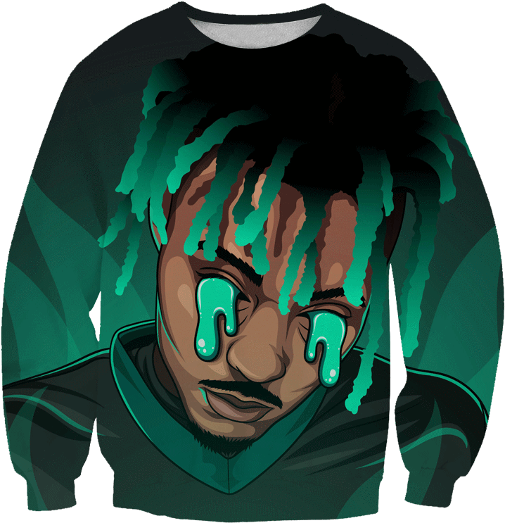 Juice Wrld 動畫風格連帽衫設計 壁紙 — 一件數碼藝術衛衣，上面有風格化的臉孔，流著發光的綠色眼淚，並有綠色辮子，背景是深藍綠色。
