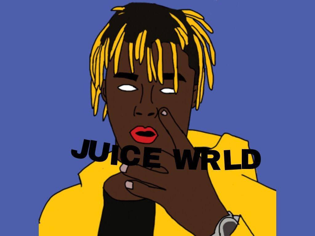 Juice WRLD 的卡通肖像，黃色頭髮，紅色嘴唇，穿著黃色外套。