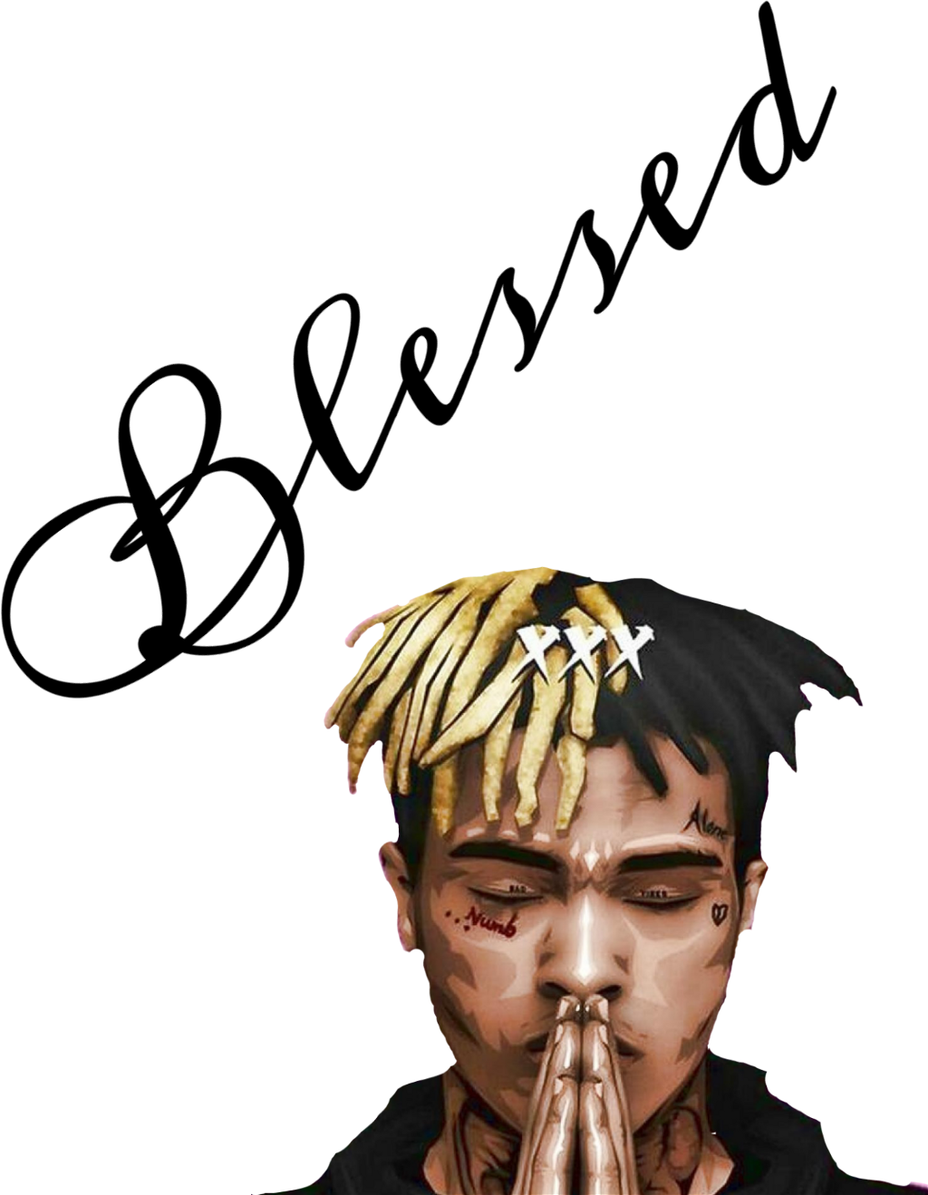 Juice Wrld 祝福肖像 壁紙 — 一個風格化的數碼肖像，描繪一名擁有金色和黑色辮子及紋身的男子，在黑色背景前雙手合十靠近嘴邊。
