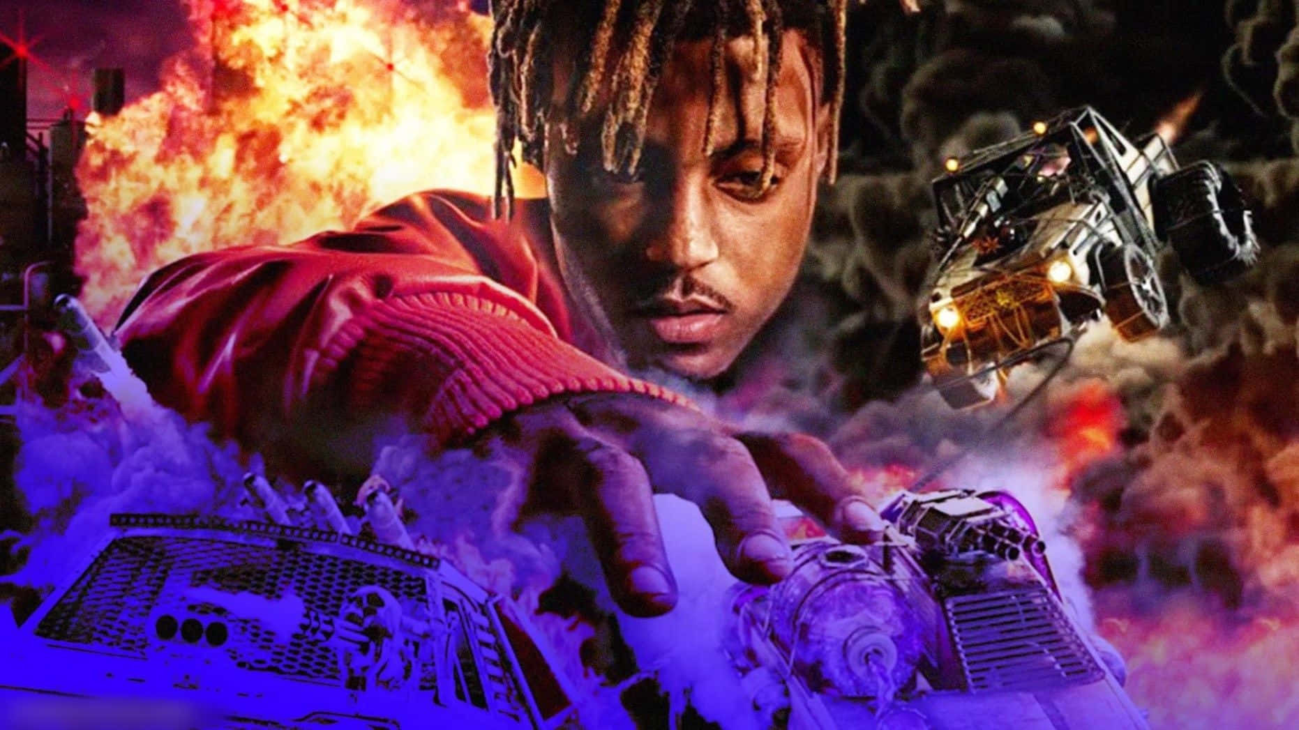 歌手 Juice Wrld 在滿座體育場演出 壁紙 — 一個穿著紅色外套的男人伸手觸碰發光的紫色機器，身後火焰爆炸，一架未來風格的車輛在附近飛行。