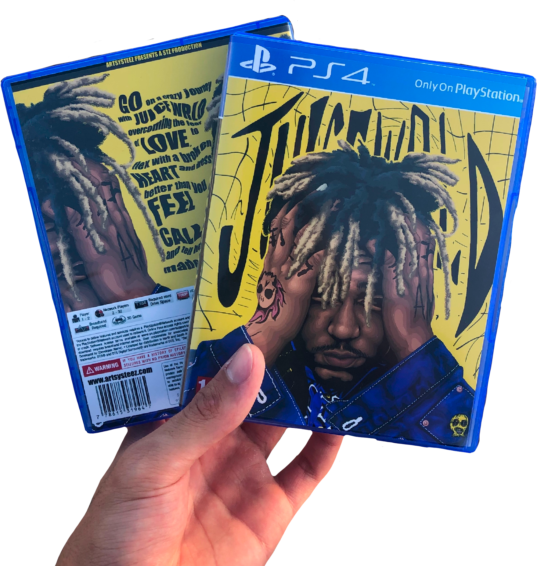 Juice Wrld PS4遊戲封面藝術 壁紙 — 一隻手拿著Juice WRLD的PS4遊戲盒，背景為大膽的黃色，並有藝術家的風格化肖像。