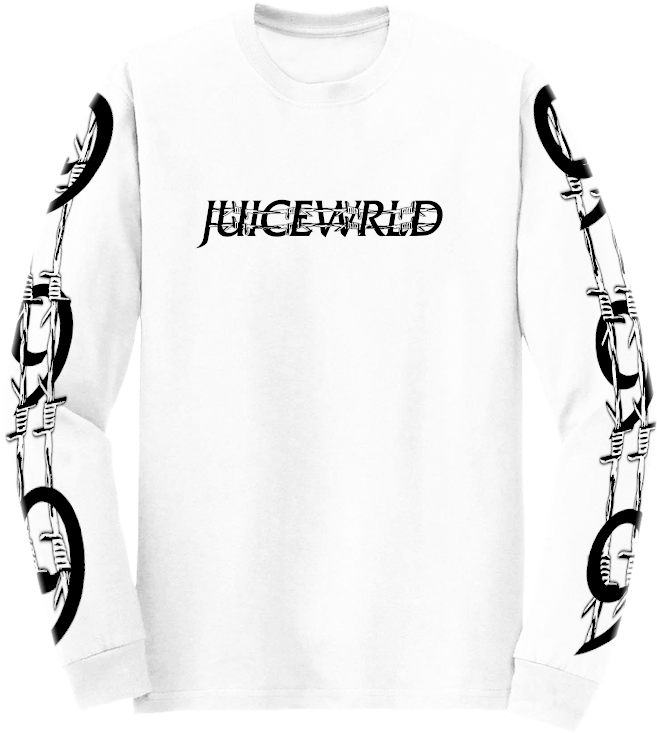 Juice Wrld 印花長袖T恤 壁紙 — 白色長袖襯衫，胸前有粗體黑色「JUICEWRLD」文字，袖子上有鐵絲網鏈條圖案。