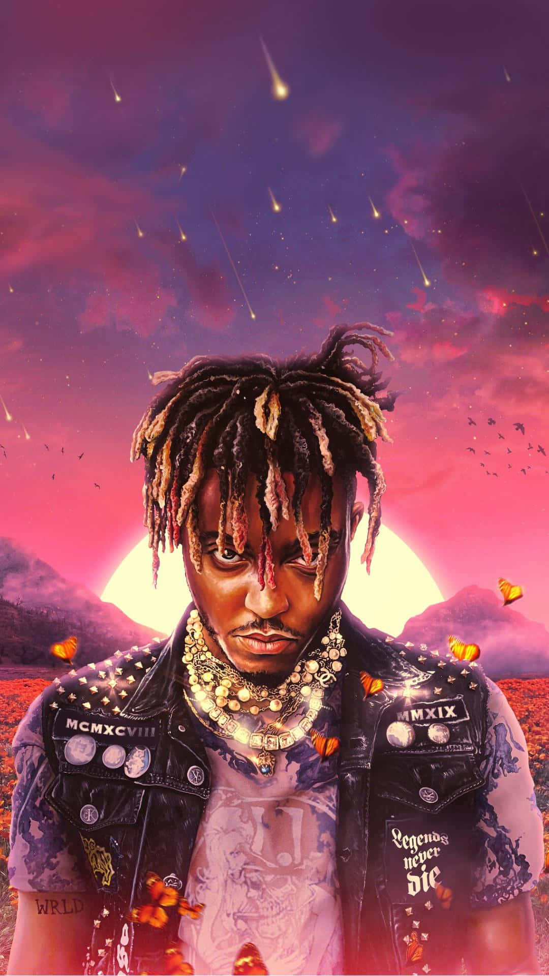 Juice WRLD 星空流星畫作 壁紙 — 一個留著辮子、戴著金鏈的男人站在超現實的日落天空前，天空中有流星和蝴蝶。