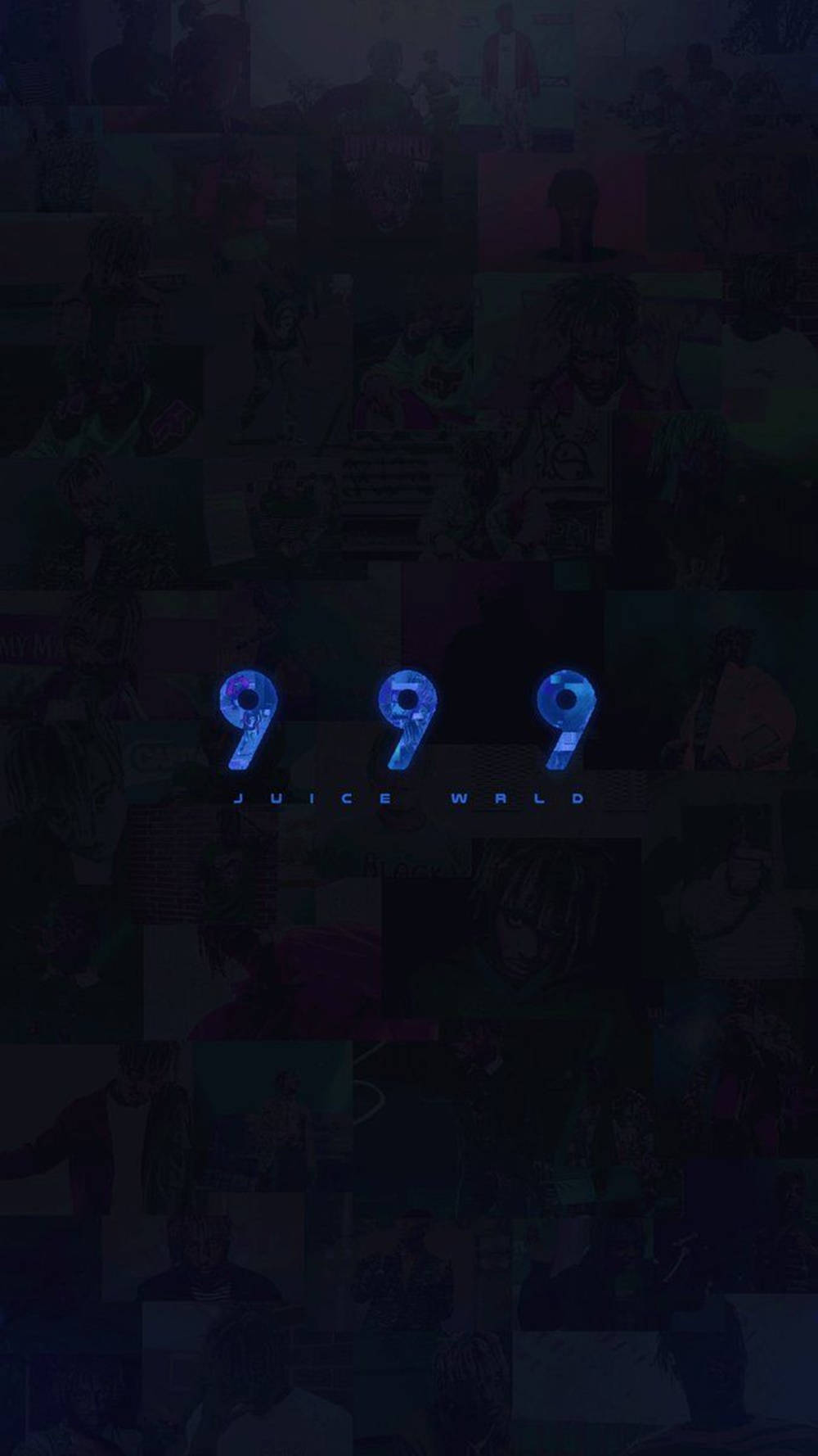 沉醉於 Juice Wrld 美學的歌聲 壁紙 — 發光藍色 '999' 和 'JUICE WRLD' 文字漂浮在褪色專輯封面和肖像的深色拼貼畫上。