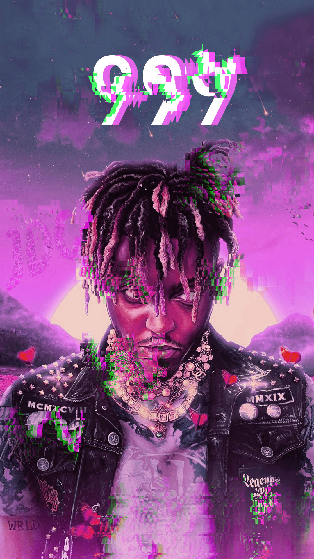 酷炫 Juice WRLD 靜電紫 壁紙 — 一個帶有故障藝術風格的肖像，描繪一位留著辮子、佩戴華麗珠寶的男子，背景是充滿活力的紫色數位天空，漂浮著心形和扭曲的文字。