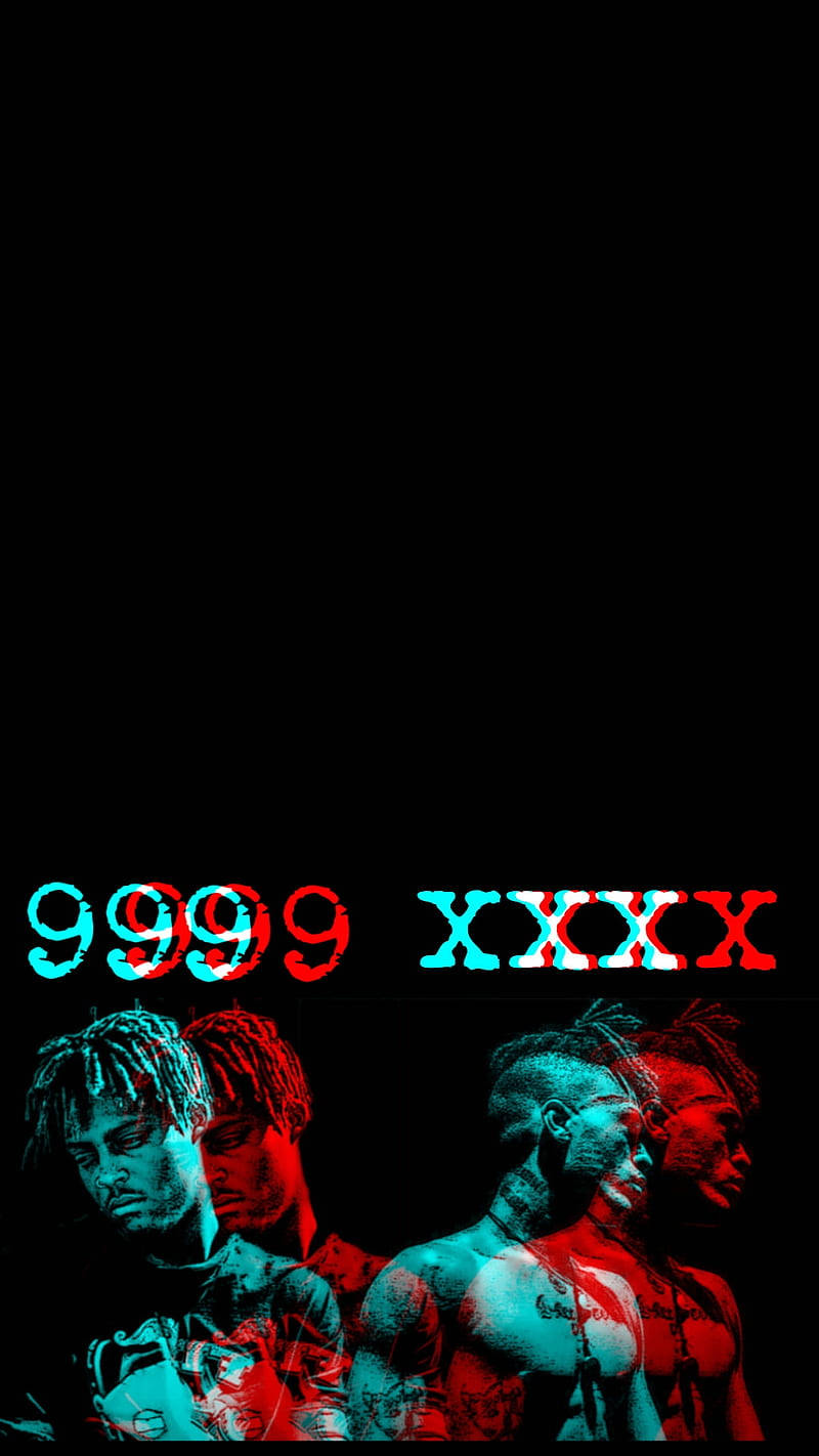 酷炫 Juice WRLD 與 XXXTentacion 壁紙 — 三個帶有辮子和紋身的風格化男性在黑色背景上以紅色和青色發光，並帶有故障文字。