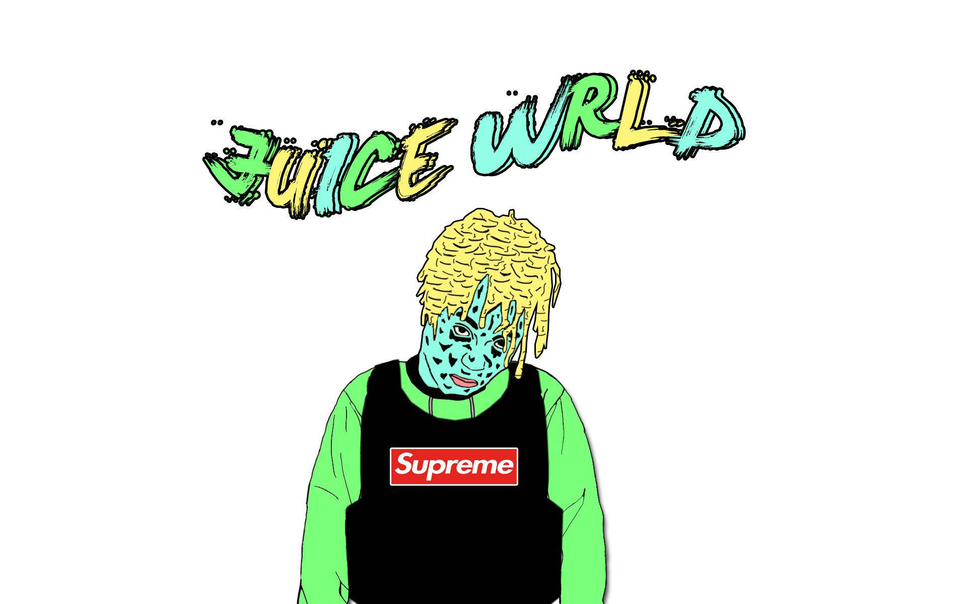 Juice WRLD 桌布 壁紙 — Juice WRLD 插圖，藍色面孔、黃色頭髮，身穿 Supreme 背心，背景為白色。