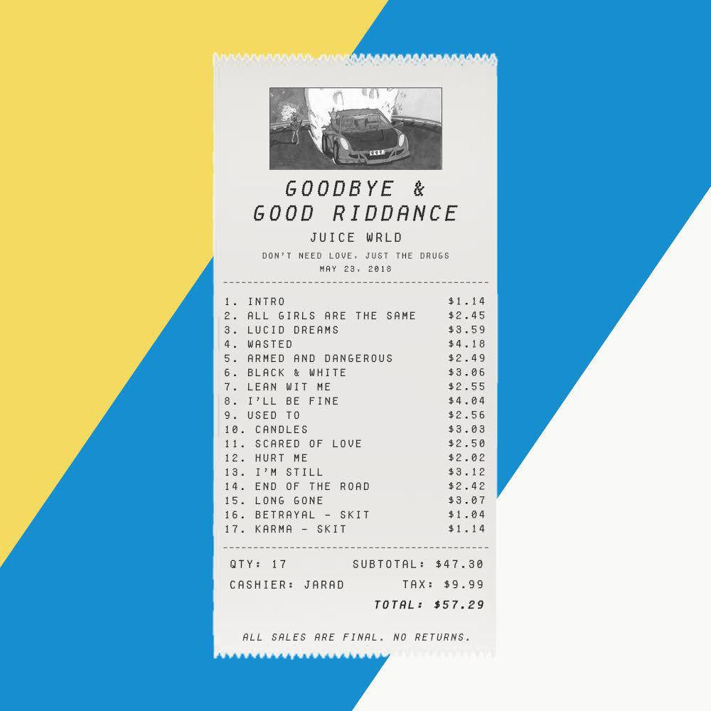 Juice Wrld 收據 壁紙 — 一張風格化的收據，用於Juice WRLD的專輯《Goodbye & Good Riddance》，背景為大膽的黃色和藍色幾何形狀。