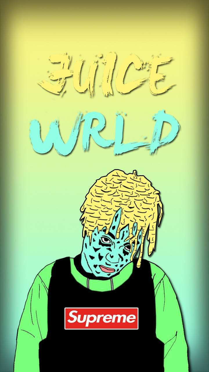 Juice Wrld Anime 桌布 壁紙 — Juice WRLD 的插圖，藍色臉龐和黃色頭髮，穿著 Supreme 背心，背景為綠色漸變。