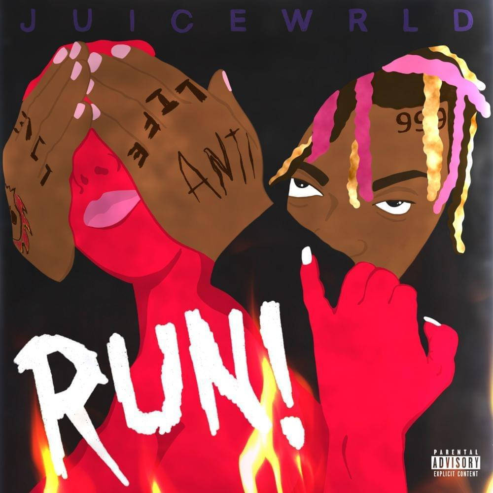 Juice WRLD 桌布 壁紙 — Juice WRLD 的風格化插圖，帶有充滿活力的粉紅色和金色頭髮，雙手遮住臉，下方有火焰，以及粗體白色字母的單詞「RUN！」。
