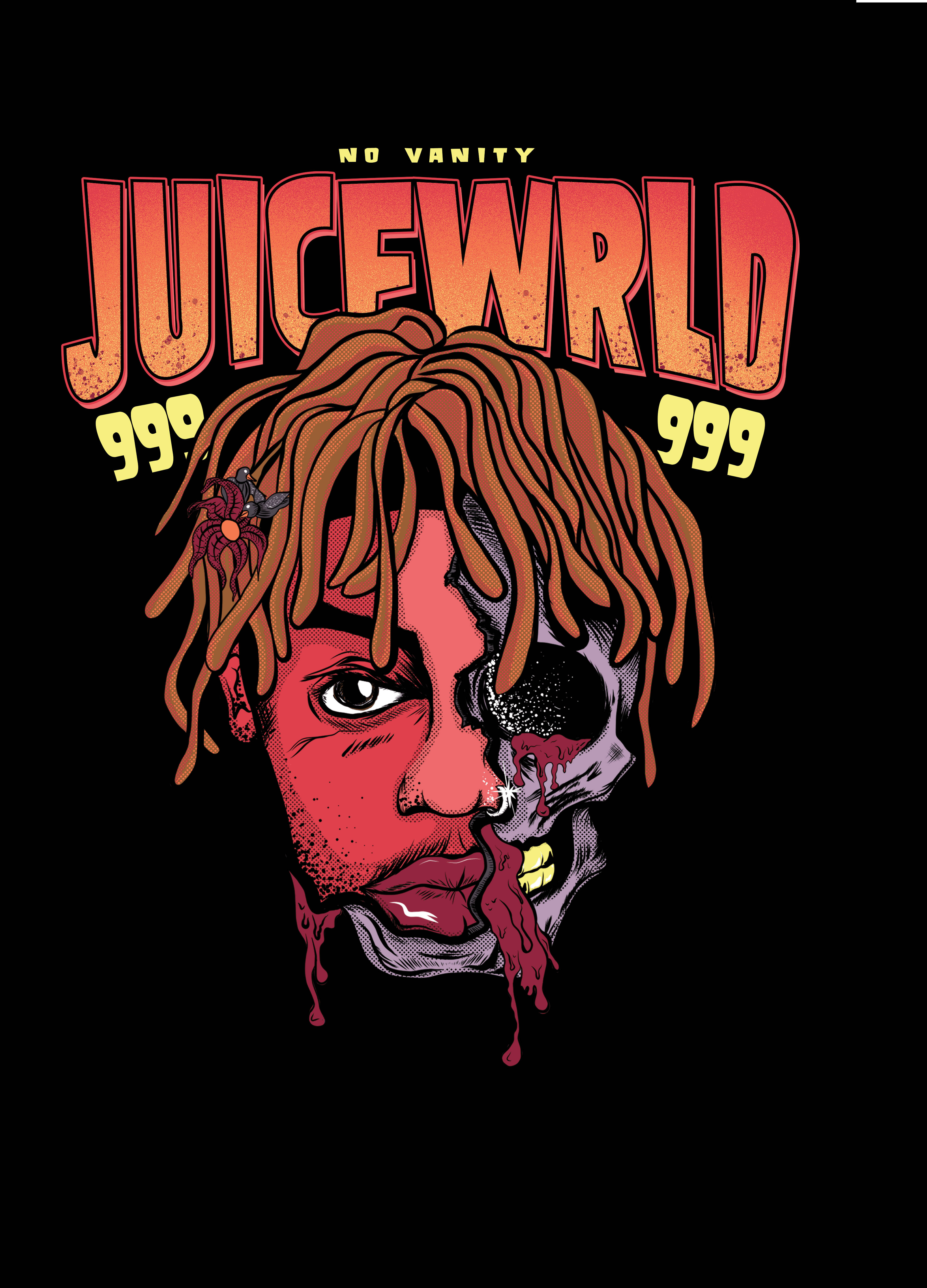 Juice WRLD 桌布 壁紙 — Juice WRLD 臉部的風格化插圖，半人半骷髏，紅色滴血，黑色背景上有粗體橙色文字。