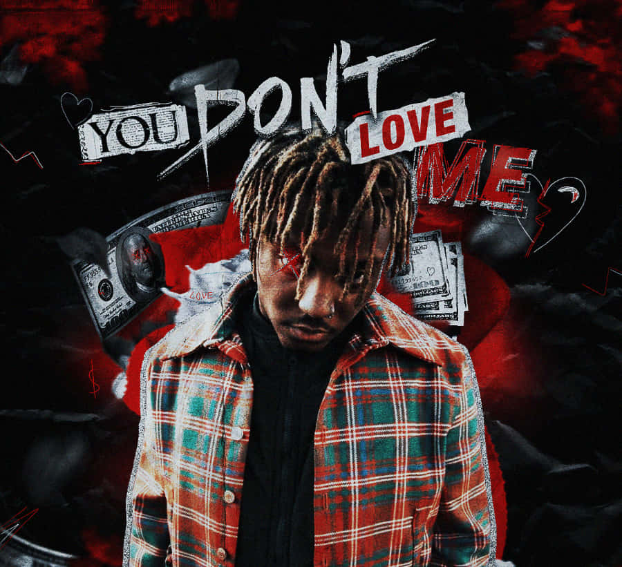 梳著辮子頭、雙眼通紅的男人，被金錢和「you don't love me」的文字包圍。