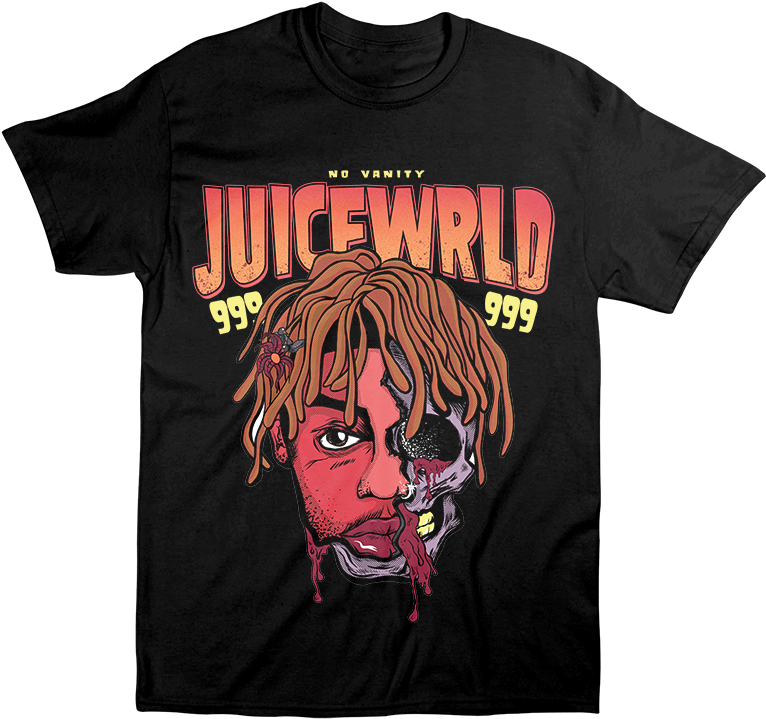 Juice Wrld999 圖案T恤 壁紙 — 一件黑色T恤展示Juice WRLD的半人半骷髏圖案，帶有紅色滴落效果，上方有粗體橙色文字「JUICEWRLD 999」。