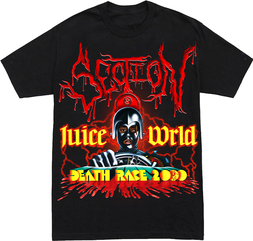 Juice Wrld《Death Race for Love》T恤設計 壁紙 — 一件黑色T恤上印有一個戴著未來風格頭盔的蒙面司機圖案，配有紅色滴落文字和閃電效果。