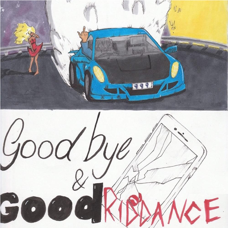 Juice Wrld《Goodbye Good Riddance》專輯封面手繪藝術 壁紙 — 一輛藍色跑車以手勢駛離，一名金髮女子觀看，上方文字在裂開的電話旁說再見和好擺脫。