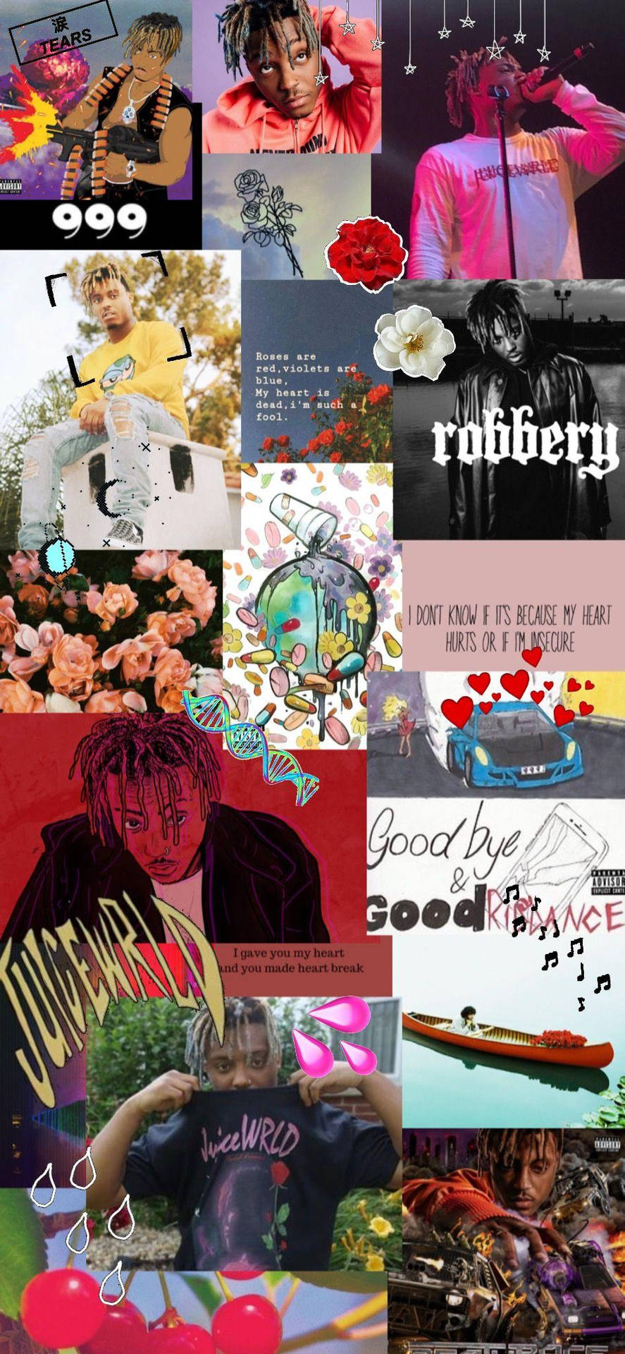 Juice WRLD 音樂視覺的拼貼畫，帶有花朵、文字和專輯藝術。
