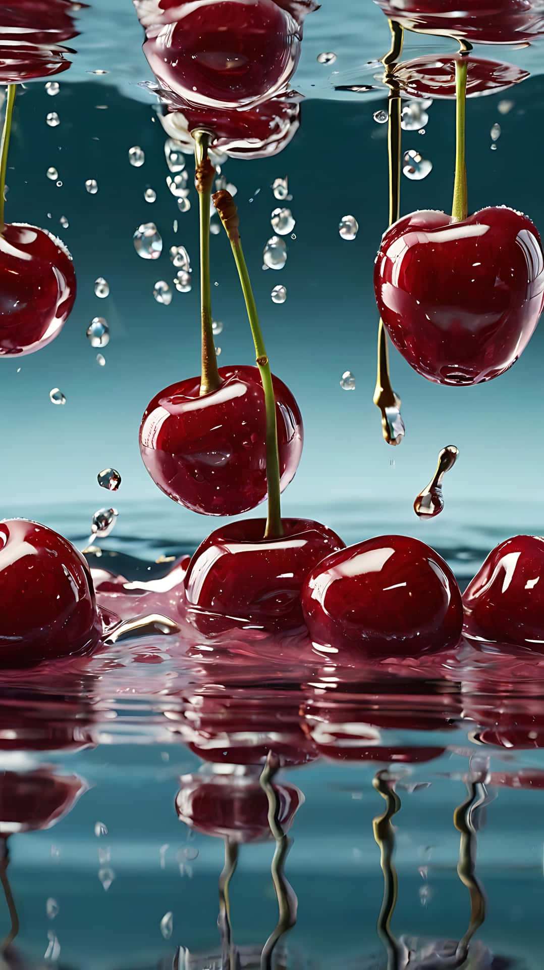 Juicy Cherries Drop – Velvet Shine on Water 52-2 壁紙 — 鮮紅的櫻桃連莖落入清澈的水中，在藍綠色漸變背景上形成動態的水花和閃閃發光的水滴。
