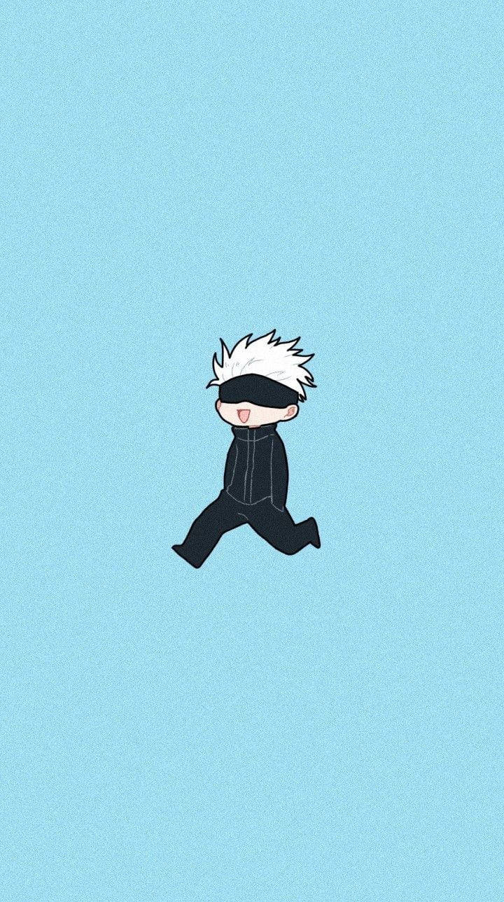 Jujutsu Kaisen 我妻善逸 可愛風格插畫 壁紙 — 一個白色刺蝟頭、戴黑色眼罩的Q版動漫角色，在柔和的藍色紋理背景上快樂地奔跑。