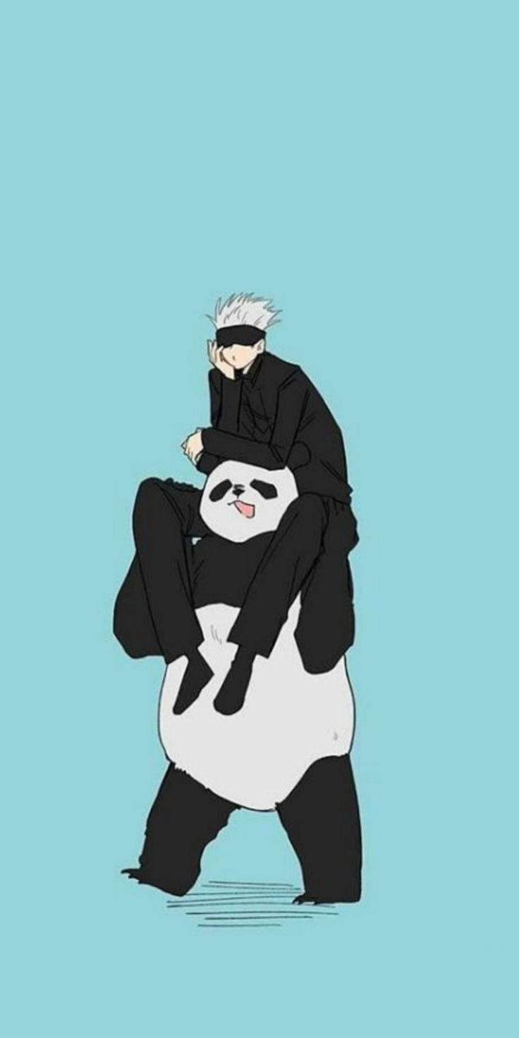 Jujutsu Kaisen 我妻善逸 與大熊貓插畫 壁紙 — 一個白髮的動漫男人穿著黑色衣服，坐在一隻快樂的熊貓上面，背景是純淺藍色。