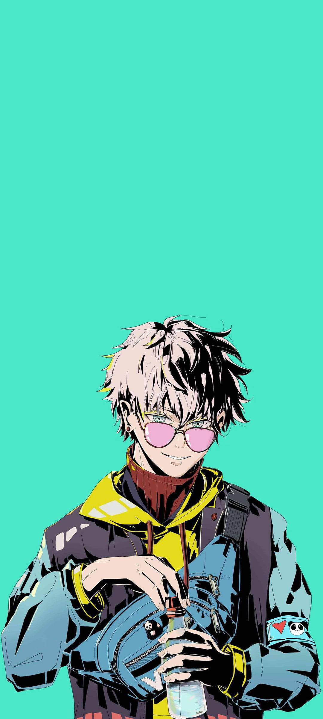 Jujutsu Kaisen 我妻善逸 潮流酷炫插畫 壁紙 — 一個時尚的動漫男孩，戴著粉紅色眼鏡，頭髮凌亂，在純青色背景前拿著飲料。