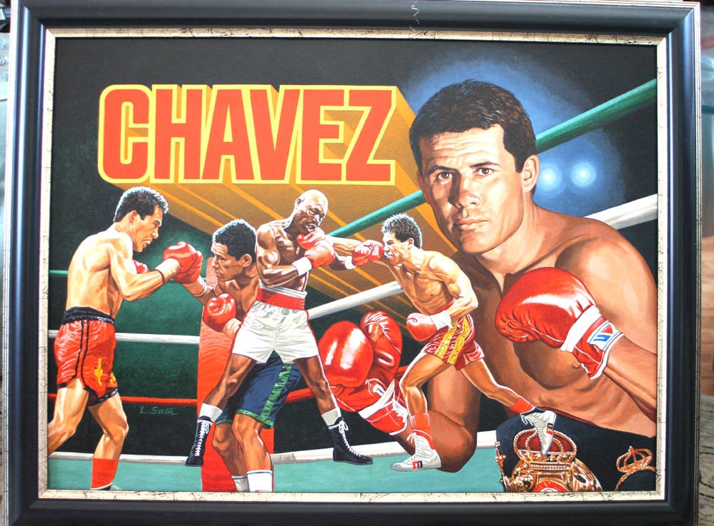 Julio César Chávez 藝術畫作 壁紙 — 拳擊手查維斯在擂台上與對手對戰，並有大型肖像在戲劇性燈光下的生動插圖。