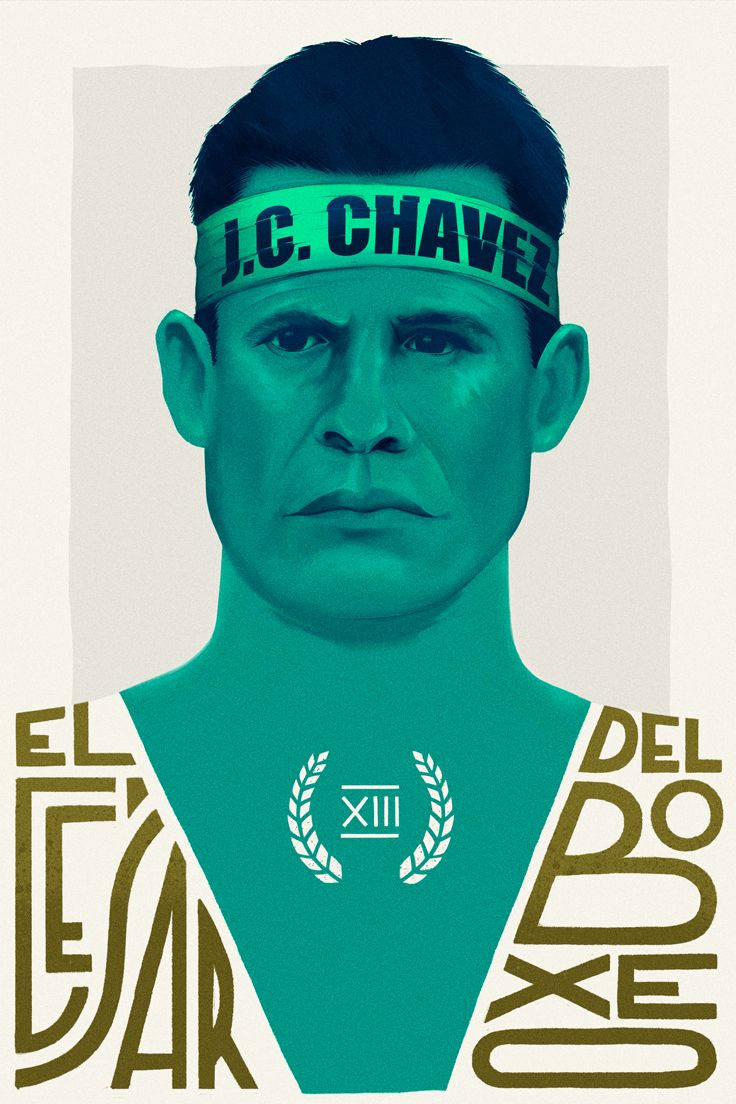 Julio César Chávez 潮流粉絲創作 壁紙 — 拳擊手J.C.查維斯的風格化肖像，採用青綠色調，金色粗體字樣宣告他為「El Cesar del Boxeo」，背景為中性色。