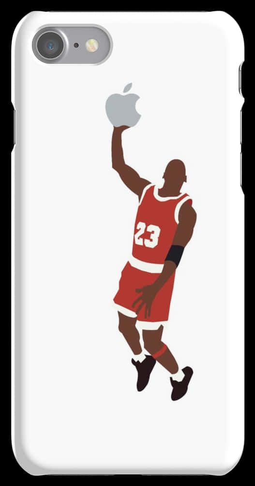 Jumpman與蘋果混合手機殼 壁紙 — 米高佐敦身穿紅色球衣跳起入樽白色手機殼上銀色蘋果標誌的剪影。