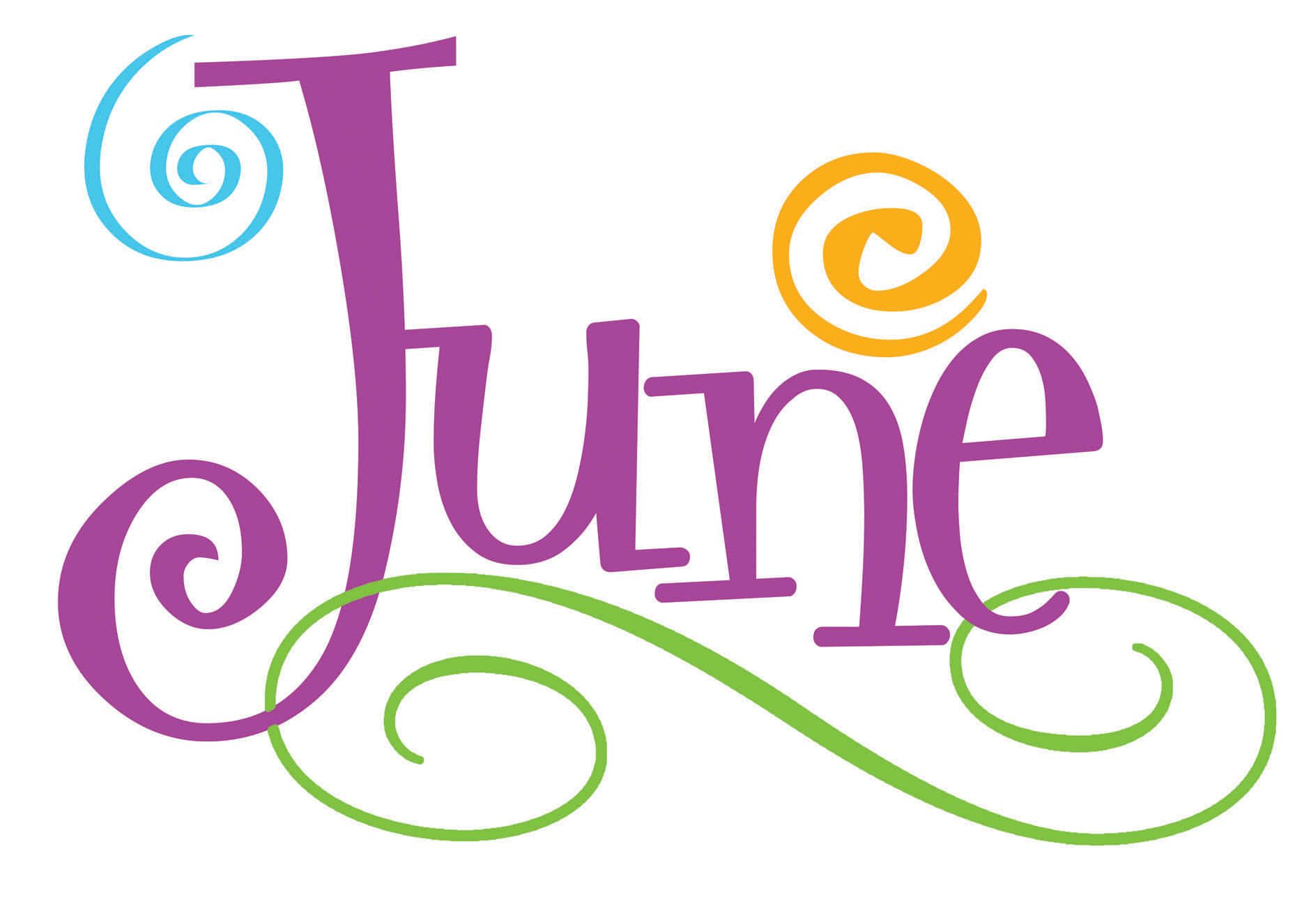 June 桌布 壁紙 — 「June」呢個字以俏皮嘅紫色字體書寫，喺白色背景上綴有藍色、橙色同綠色嘅漩渦狀裝飾元素。