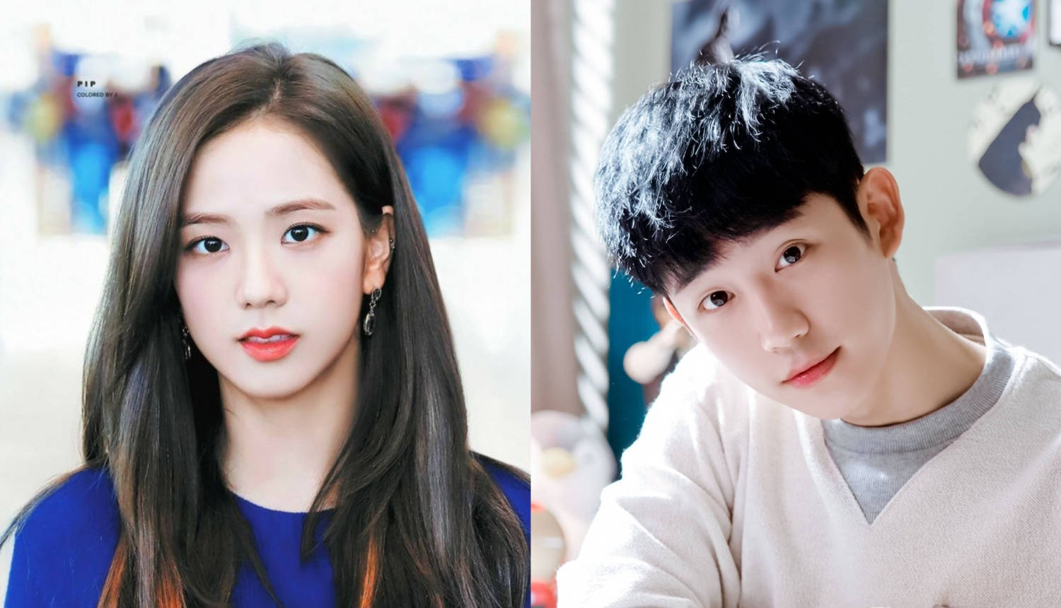 Jung Hae-In 與 Jisoo 劇中情侶畫面 壁紙 — 一位穿著藍色上衣的長黑髮女性和一位穿著奶油色毛衣、頭髮蓬亂的男性的分割肖像，兩人都看著相機。