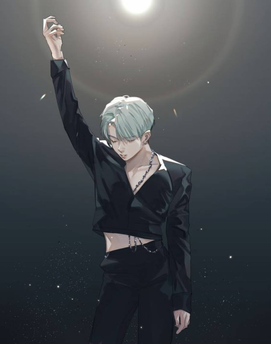 酷炫動漫風 Jungkook 黑色手機壁紙 壁紙 — 一個風格化的動漫角色，銀色頭髮，在黑暗星空背景下，於明亮聚光燈下舉起一隻手。