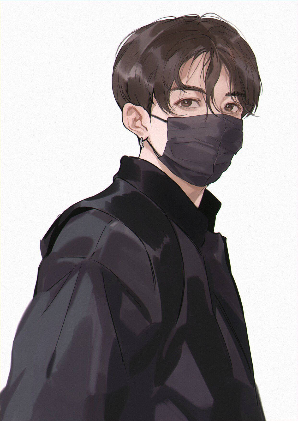 簡約美學動漫風 Jungkook 手機壁紙 壁紙 — 一個黑髮、戴黑色口罩的年輕男子在極簡動漫插畫中回頭望。