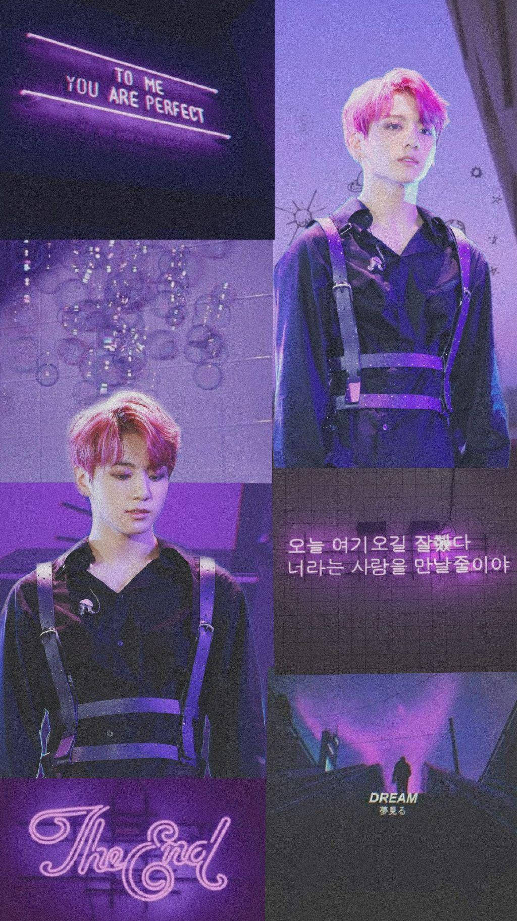 霓虹紫 Jungkook 美學 壁紙 — 一幅紫色調的拼貼畫，描繪一位身穿吊帶褲的年輕男子，背景為深色，帶有霓虹燈牌和韓文文字。