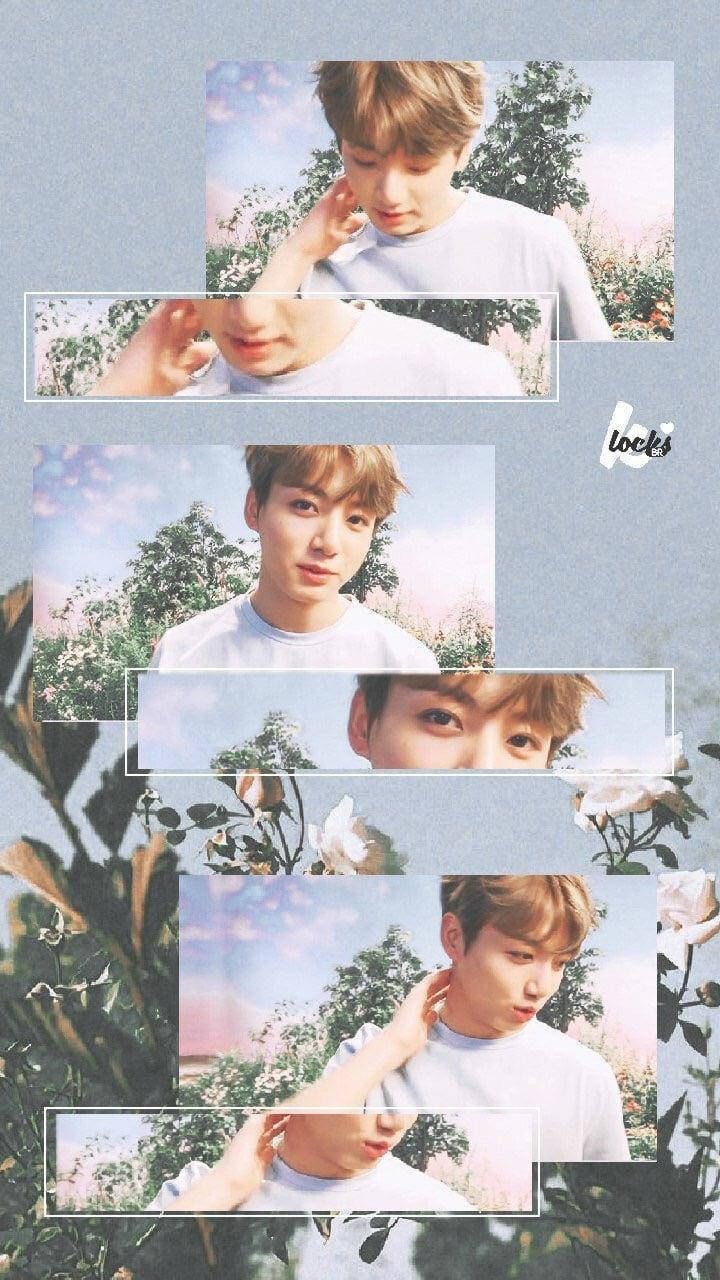 Jungkook 美學創意拼貼 壁紙 — 一位身穿白恤衫的年輕男子在柔和粉紅與綠色花卉背景中擺姿勢的拼貼畫，帶有夢幻燈光。