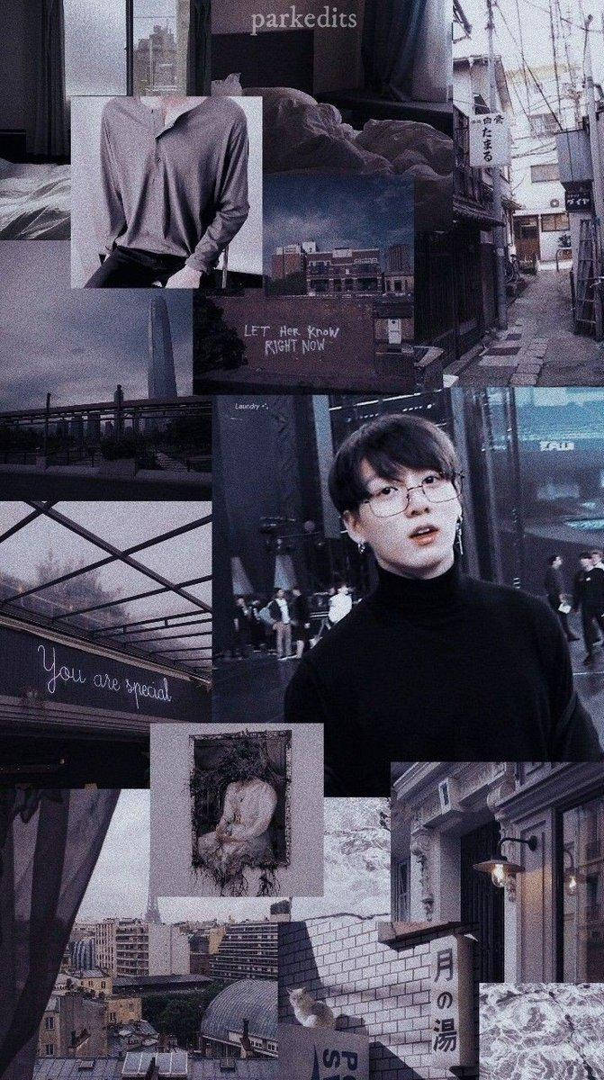 Jungkook 美學都市風 壁紙 — 一幅充滿氛圍感的拼貼畫，包含城市街景和中央一位戴眼鏡年輕男子的肖像，背景為柔和的灰色和藍色調。
