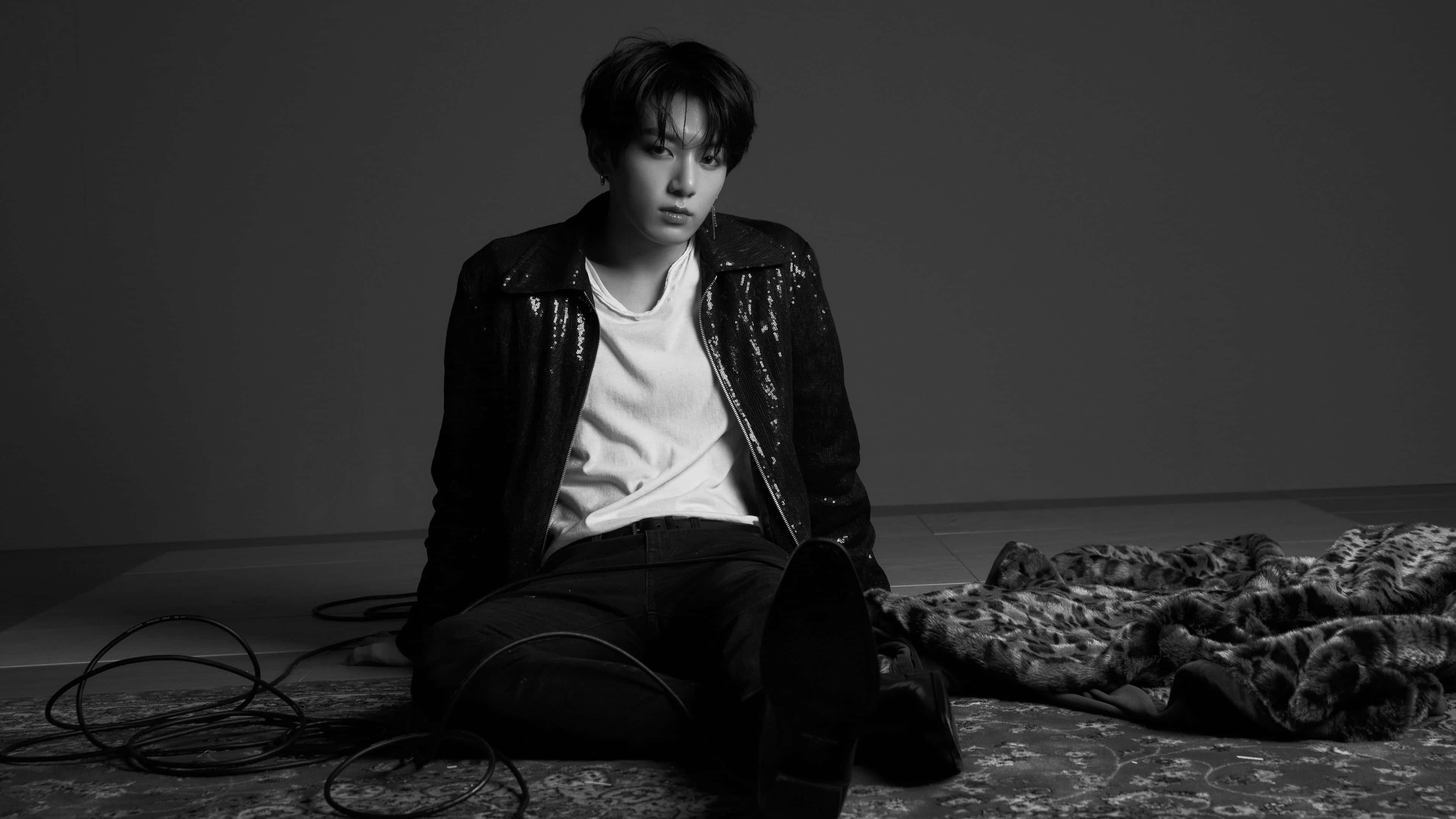 Jungkook 舞台微笑造型 壁紙 — 一位年輕男子坐在簡約工作室的圖案地毯上，穿著閃亮外套，以單色直視鏡頭。
