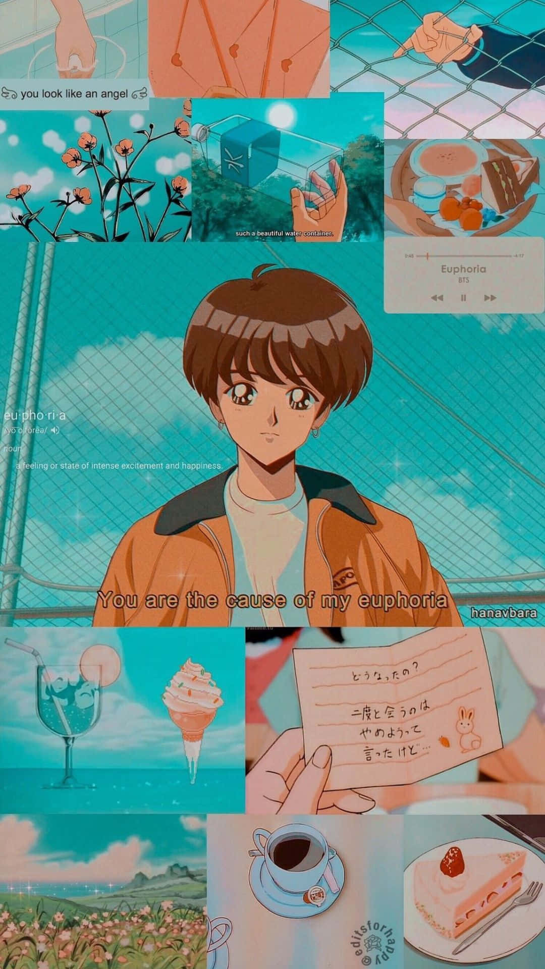 甜美動畫角色Jungkook《Euphoria》 壁紙 — 以暖色調為主的動漫風格圖片拼貼，中央角色搭配令人陶醉的文字疊加。