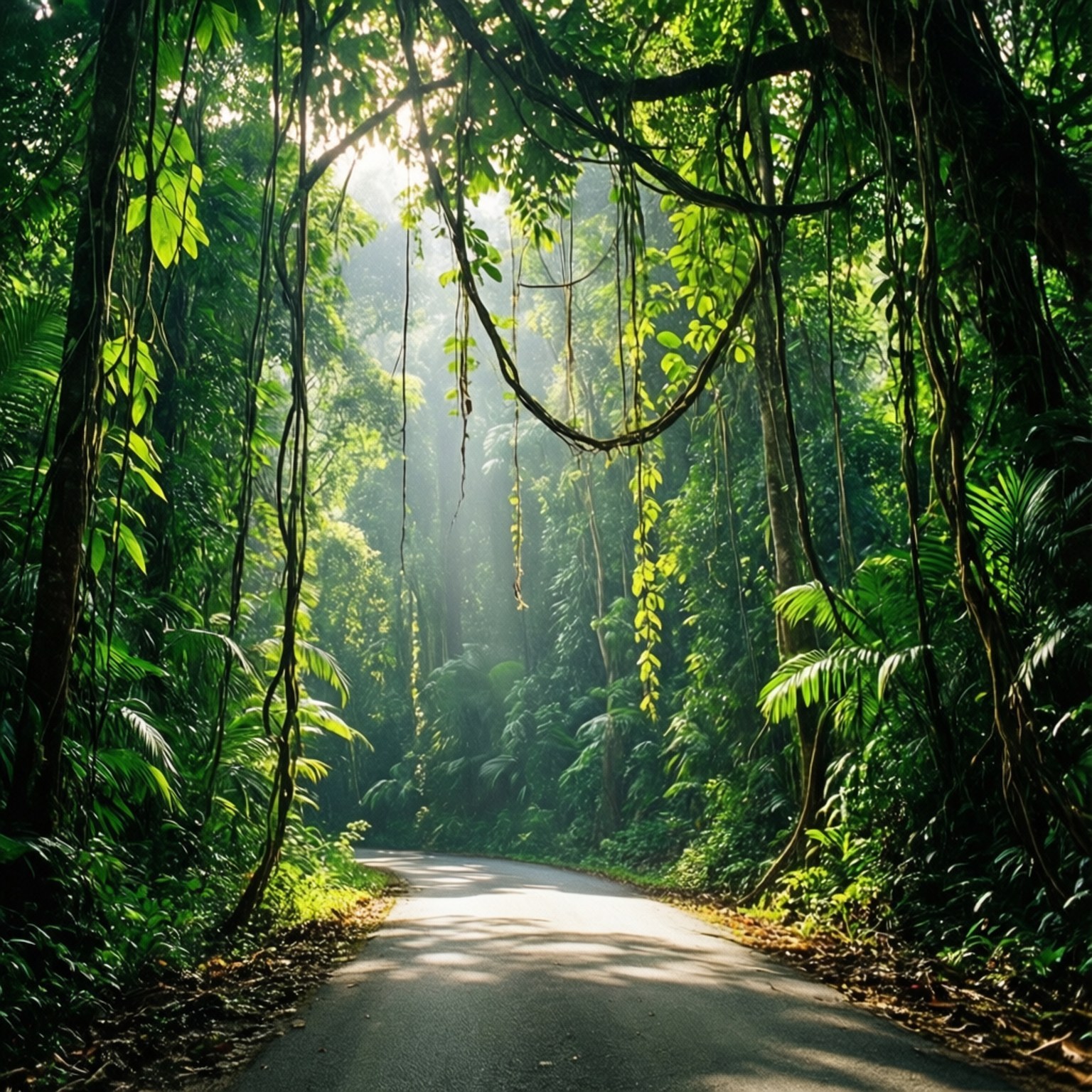 一條鋪砌的道路蜿蜒穿過茂密的綠色叢林，陽光透過樹冠過濾下來。