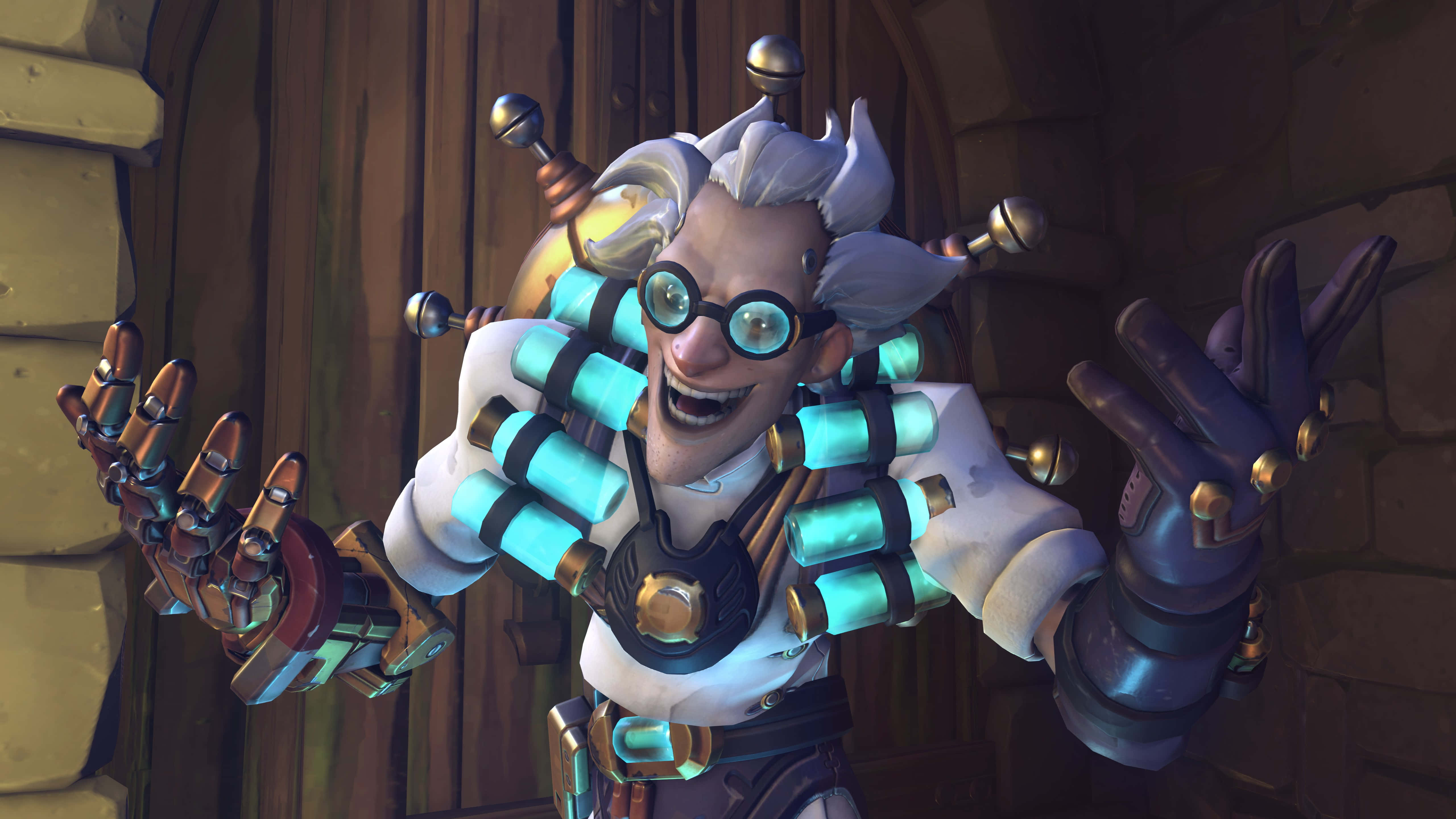 用炸藥轟炸競爭對手：Junkrat 壁紙 — 一位白髮戴護目鏡的快樂蒸氣龐克發明家，在發光的青色管線和機械臂環繞下笑容滿面。