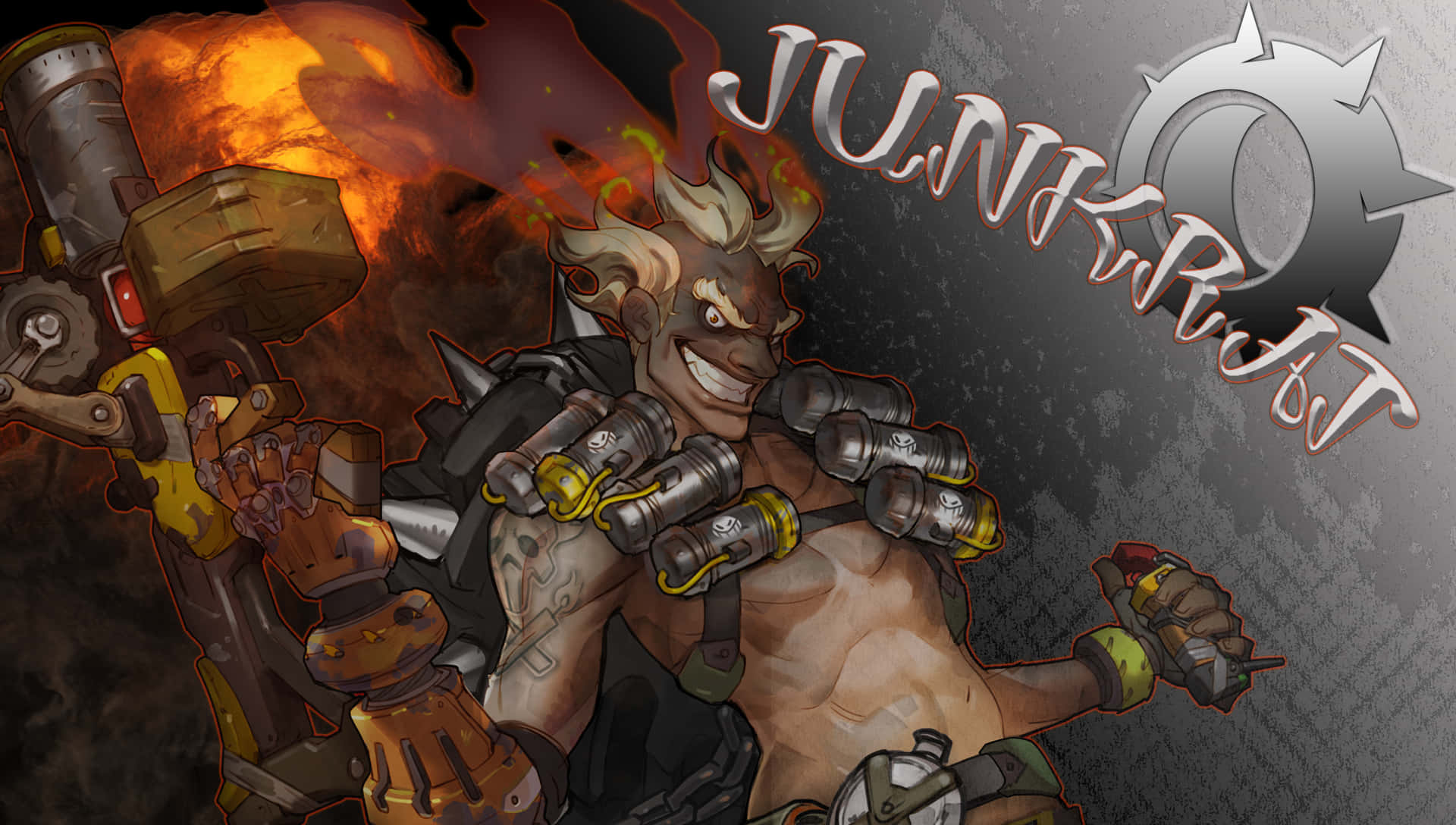 遊戲角色 Junkrat 配備機械手臂和爆炸物，背景火熱。