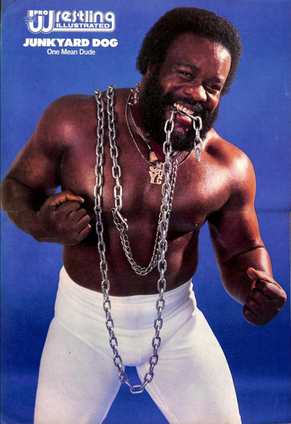 Junkyard Dog《職業摔角雜誌》封面 壁紙 — 肌肉發達的摔角手 Junkyard Dog 兇狠地咧嘴笑著，脖子上掛著鎖鏈，咬著嘴唇，背景是純藍色。
