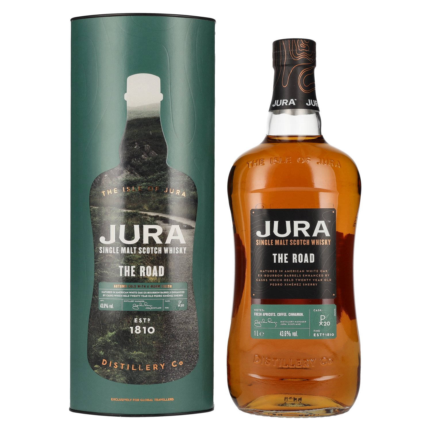 Jura 島 The Road 单一麦芽威士忌 壁紙 — 一瓶 Jura 單一麥芽蘇格蘭威士忌「The Road」放在白色背景上，旁邊是其綠色圓柱形包裝。
