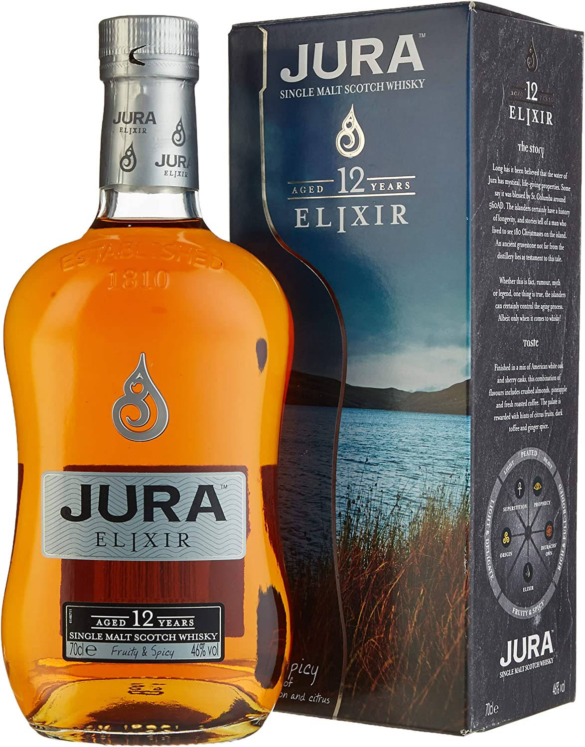 Jura 島 Elixir 瓶裝威士忌 壁紙 — 一瓶Jura 12年單一麥芽蘇格蘭威士忌，附有展示海岸景觀和品酒筆記的盒子。