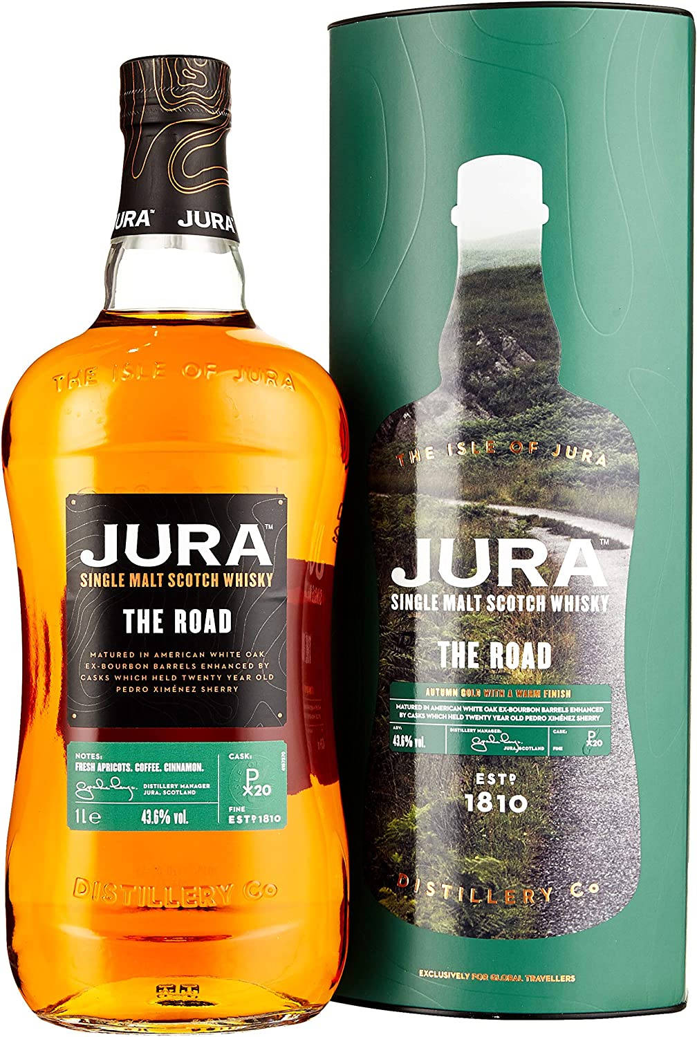 Jura 島 单一麦芽蘇格蘭威士忌 壁紙 — 一瓶Jura單一麥芽蘇格蘭威士忌「The Road」琥珀色液體，旁邊是其綠色圓柱形包裝，上面印有風景圖案。