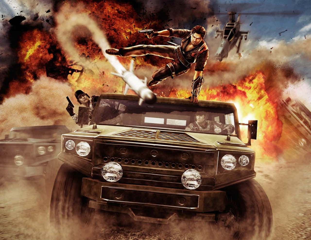 爆炸戰鬥中，士兵從高速軍用吉普車發射火箭。