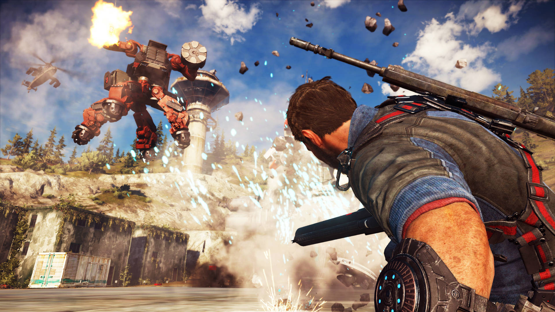 Just Cause 2 大型槍械 壁紙 — 一名士兵在明亮的藍天下，於爆炸和飛揚的碎片中向懸浮的機械敵人開火。