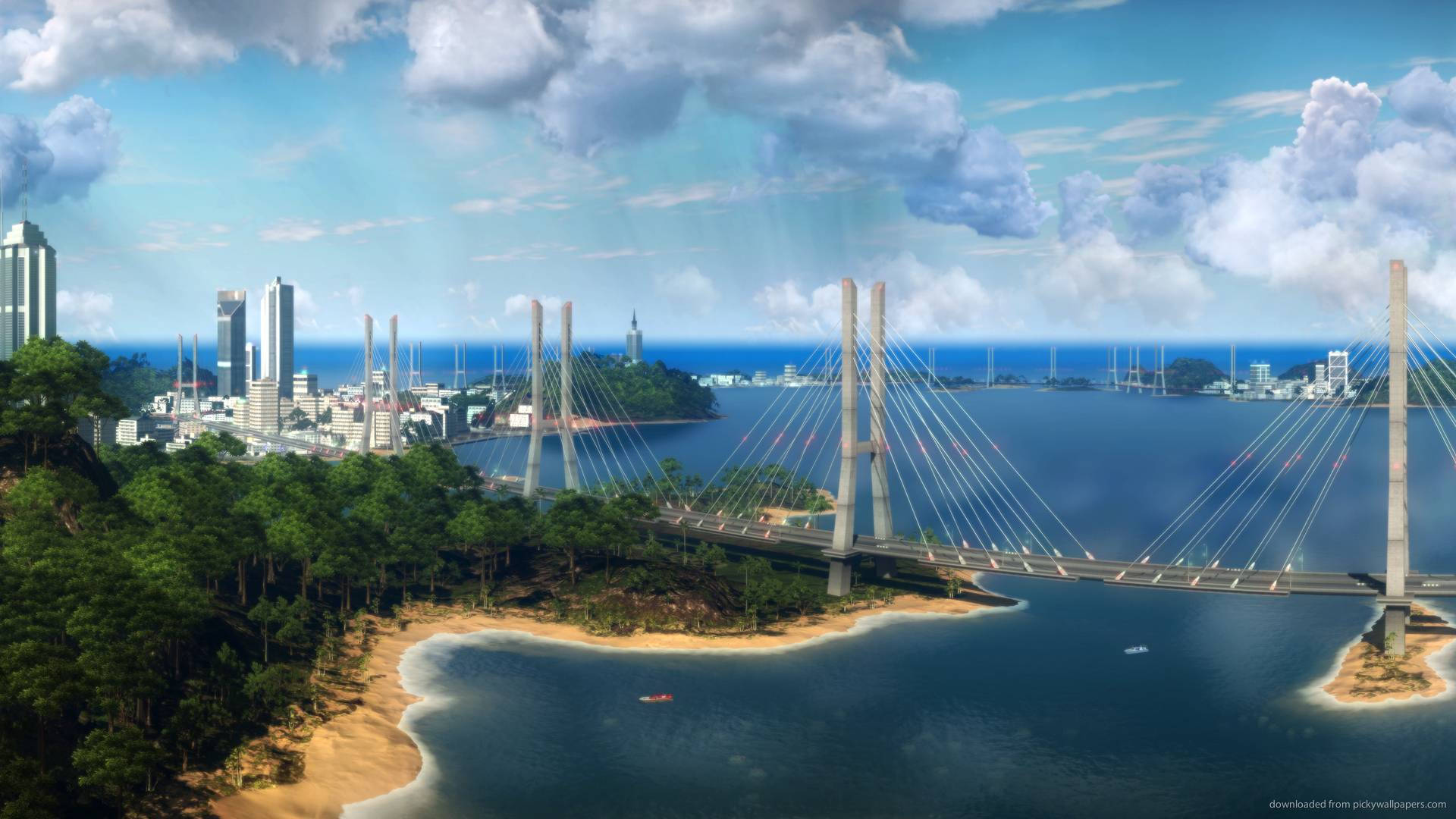 Just Cause 2 大橋 壁紙 — 一條大型斜拉橋橫跨深藍色海灣，連接現代城市天際線，天空明亮，雲朵蓬鬆。