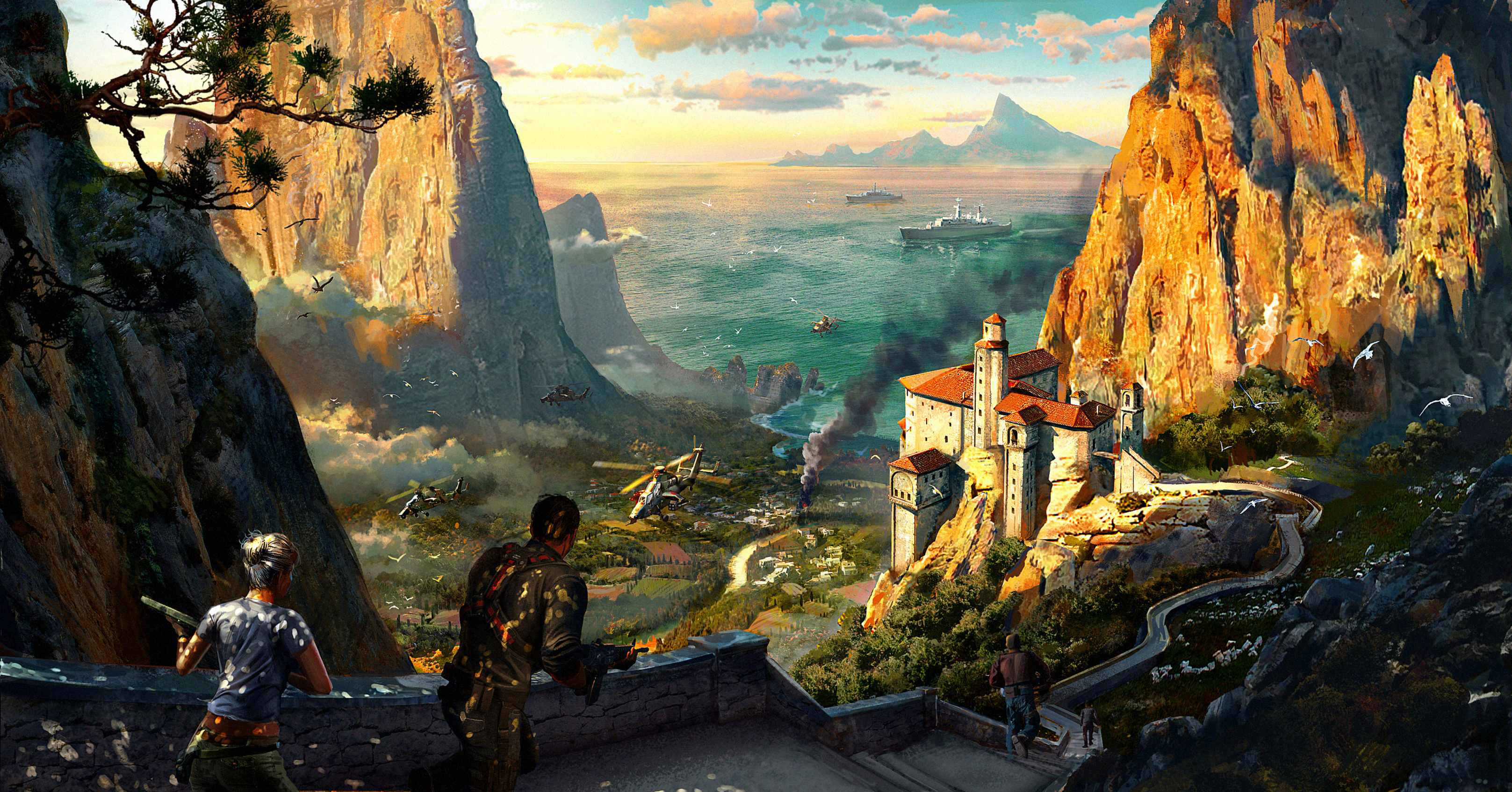 《Just Cause 2》山間聚落 壁紙 — 兩個人物俯瞰著坐落於高聳懸崖之間的海岸堡壘，而戰機在下方海面上飛過。