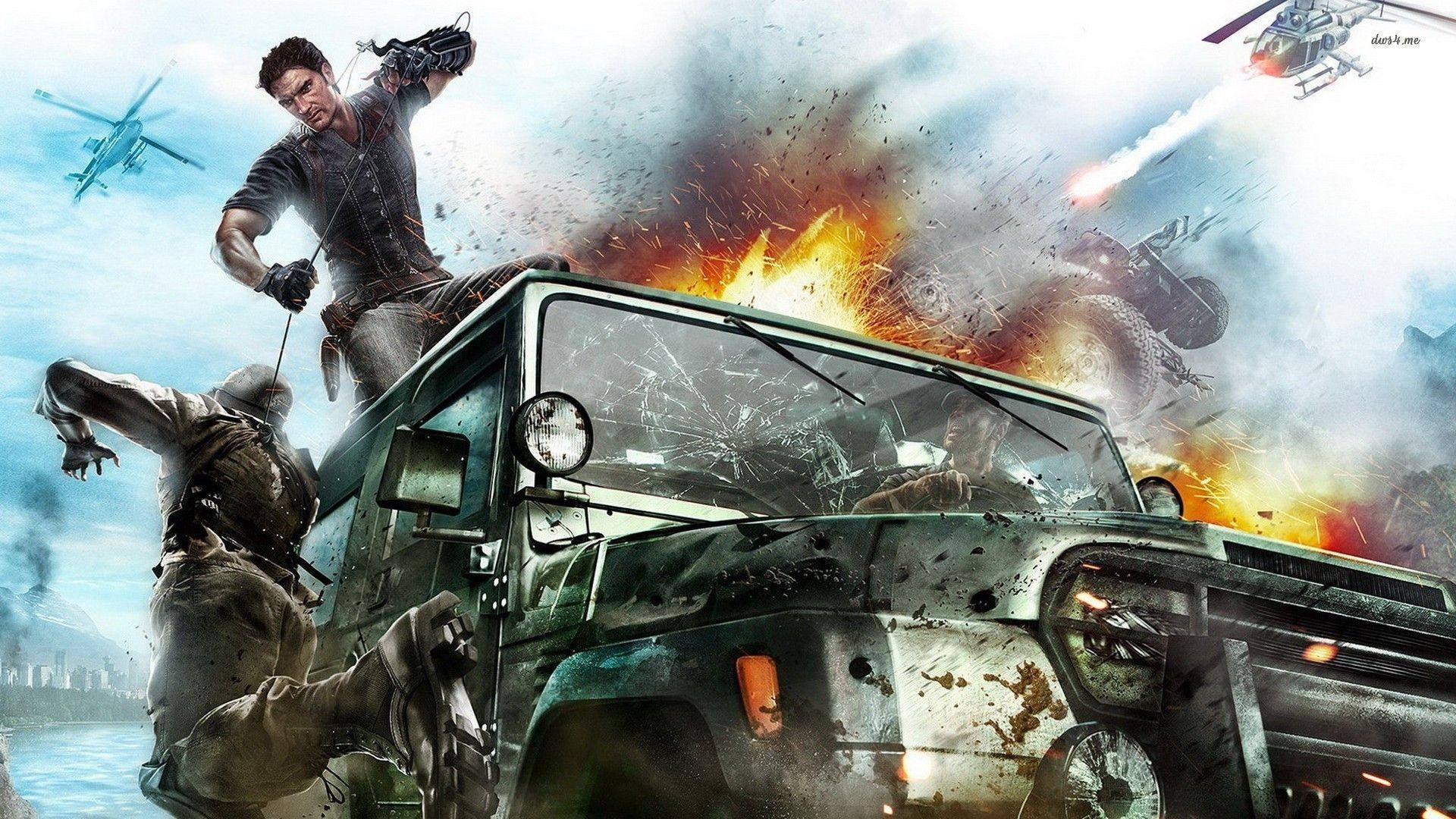 Just Cause 2 戰鬥場景 壁紙 — 一名士兵從燃燒的軍用卡車上跳下，爆炸和直升機在混亂的戰場上肆虐。
